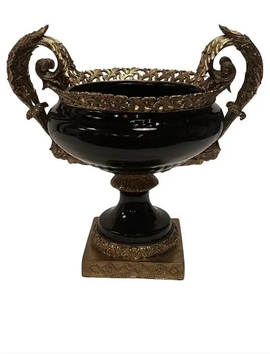 Freanch Empire Urn. Magnificent Black Porcelain And Bronze Decorated